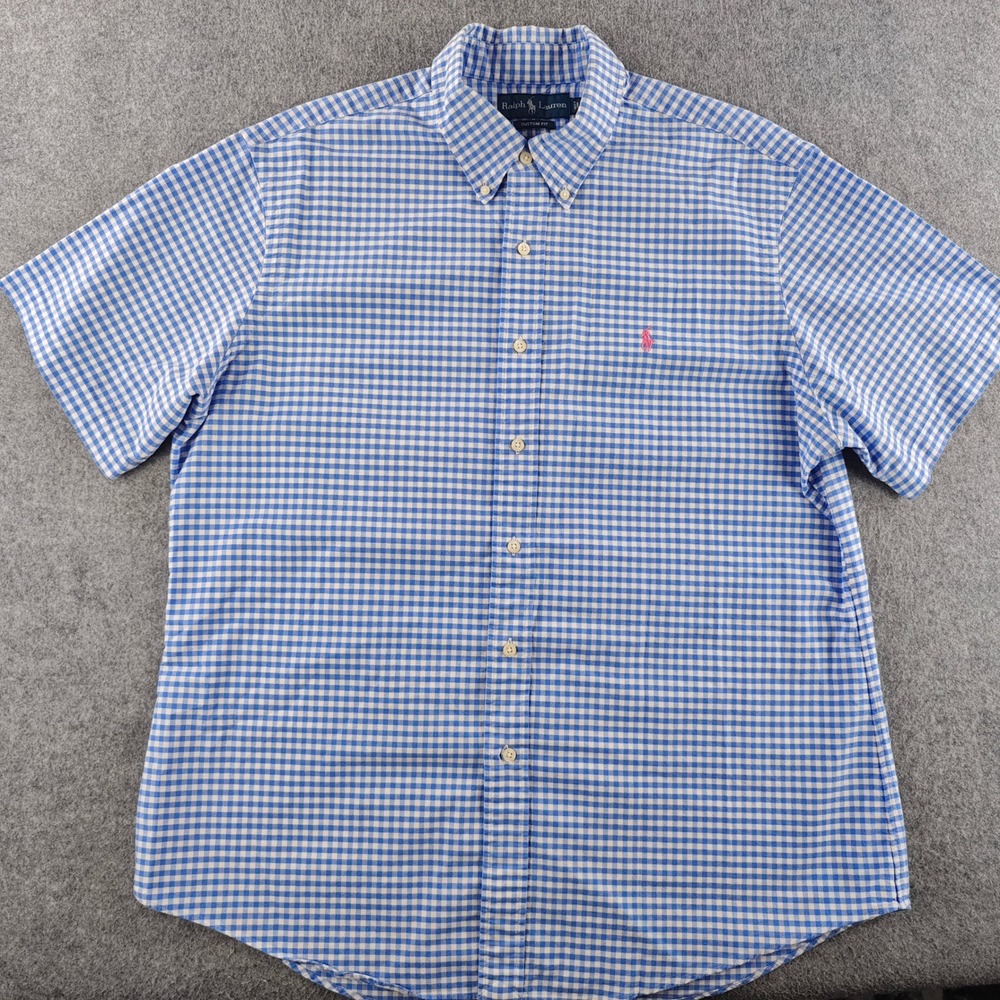 Ralph Lauren Custom Fit Button Down Mens XL Blue Gingham Short Sleeve Shirt